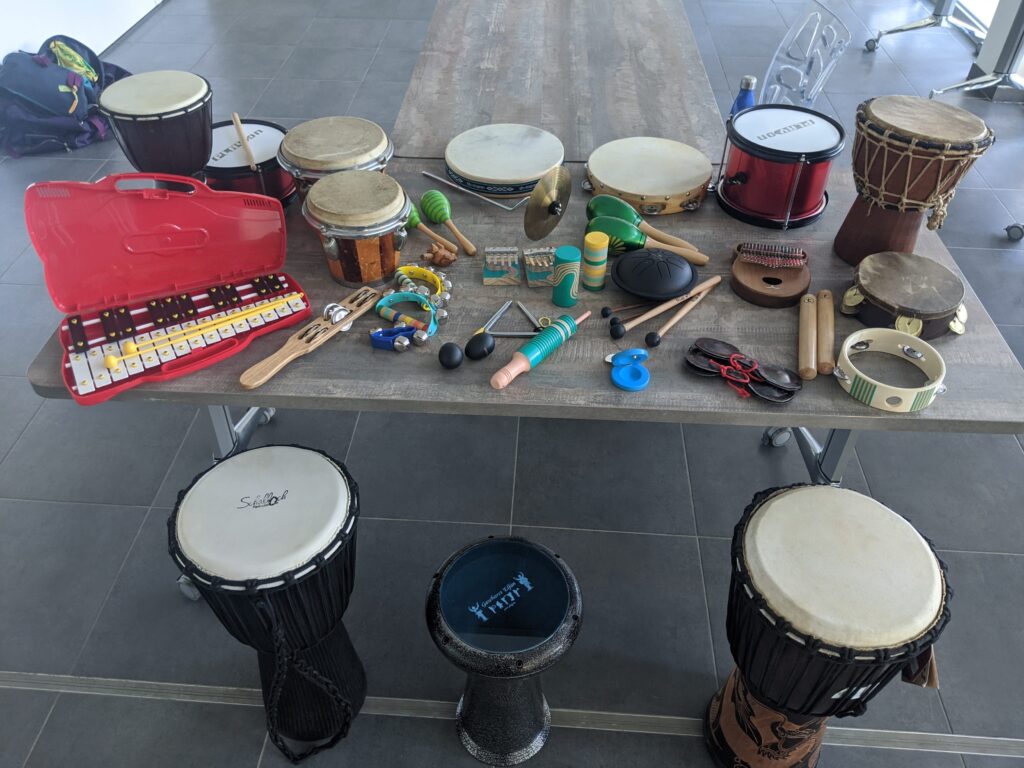 Diverse musical instruments on a table for a music therapy session